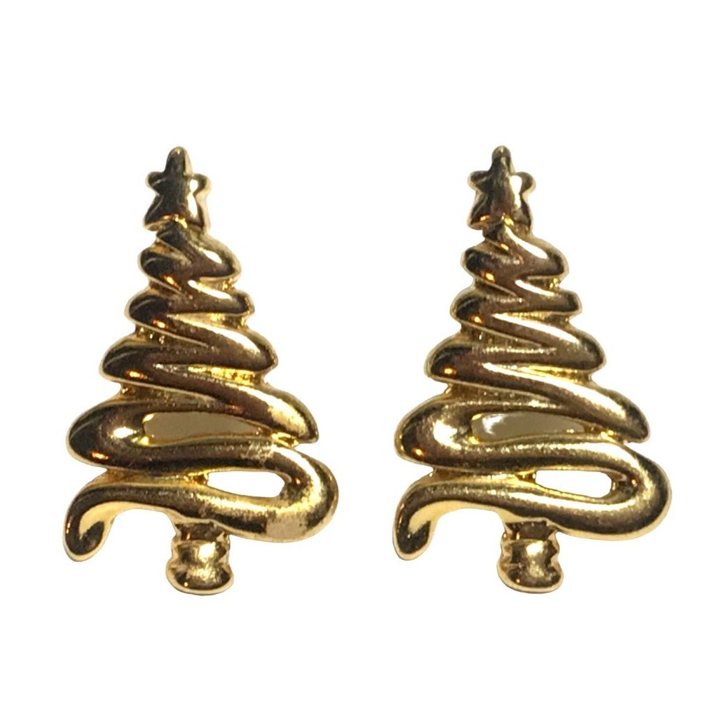 Gold Tone Christmas Tree Stud Earrings 1.25"
